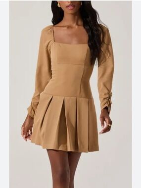 72. Astr the label $90 Square Neck Pleated Mini Dress in Tan